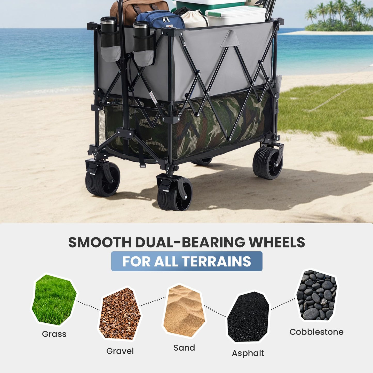 OLIXIS Wagon Cart Collapsible Double Decker 440 lbs Heavy Duty Wagon with All-Terrain Wheels & Adjustable Handle, Portable 400L Storage Utility Cart for Garden, Camping, Sports, Shopping, Grey