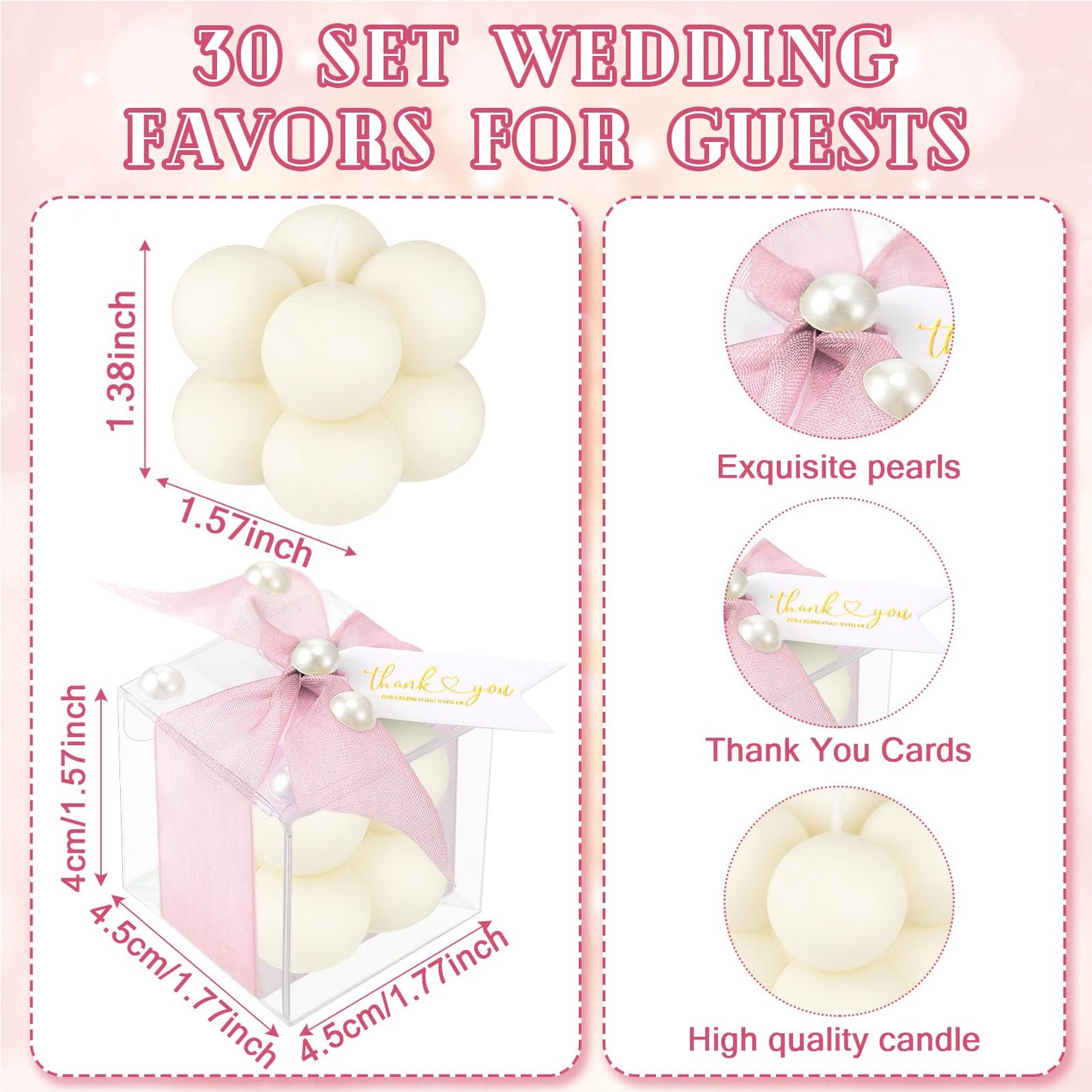 Nuanchu 30 Sets Bridal Shower Favors Pink 1.6" Mini Bubble Candles Wedding Favors Gifts for Guests Aesthetic Bubble Candles Baby Shower Favor with Thank You Card Ribbon for DIY Baptism Gift
