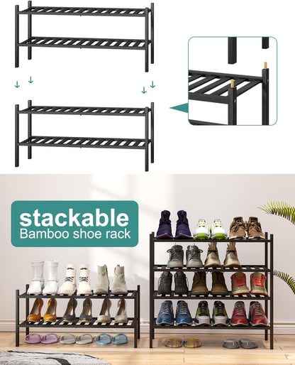 Viewcare 2-Tier Black Bamboo Shoe Rack - Stackable & Foldable Shoe Shelf Organizer for Entryway