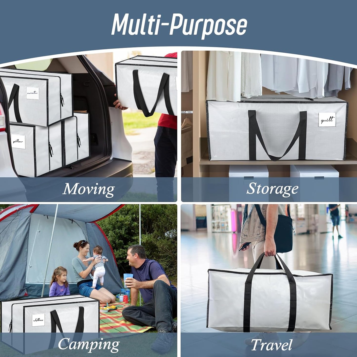 Skiennix Extra Heavy Duty Moving Bags - 6 Pack with Strong Zipper & Comfortable Handles | Durable White Storage Totes