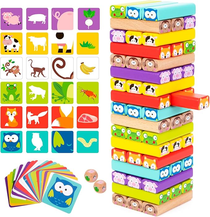 Nene Toys Wooden Tumble Tower Game with Animals &amp Colors 4-in-1 Educational Family Board Game for Kids Ages 3-9 Creativity &amp Cognitive Skills Booster - Gift for Boys Girls 3+ Years
