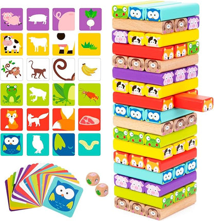 Nene Toys Wooden Tumble Tower Game with Animals &amp Colors 4-in-1 Educational Family Board Game for Kids Ages 3-9 Creativity &amp Cognitive Skills Booster - Gift for Boys Girls 3+ Years