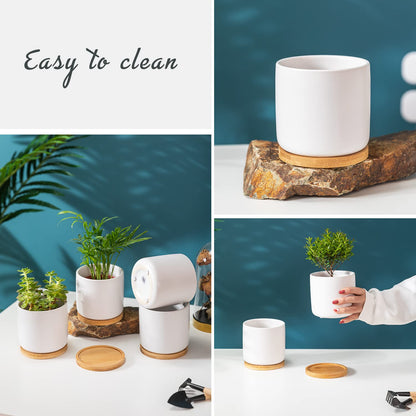 TAMAYKIM 4 Inch White Ceramic Plant Pots with Drainage Holes, Adorable Flower Planter Pot with Tray for Indoor Succulent Plants, Snake Plants, Cactus & Herbs, Set of 4 (Plant Not Included)