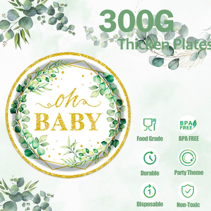 Sage Greenery Baby Shower Plates and Napkins Tableware Set - 175pcs Gender Neutral Baby Shower Decorations Oh Baby Party Supplies, Disposable Paper Plates Napkins for Baby Girl Boy Shower Decorations