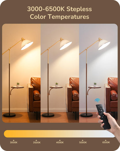EDISHINE 68in Arc Floor Lamp, Vintage Standing Lamp with Beige Shade, Remote Dimmable Bulb, Walnut Wood Grain, Model HFLEF1