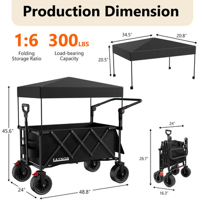 3 in 1 Collapsible Wagon with 300lbs Weight Capacity,150L Heavy Duty Utility Cart with Removable Canopy,with Big All-Terrain Beach Wheels & Drink Holders,Black