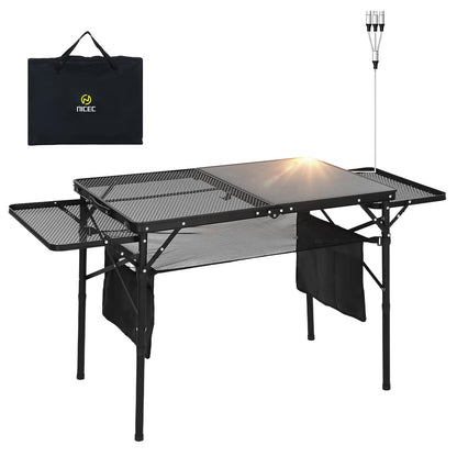 Nice C Camping Table, Ourdoor Folding Grill Table, Tailgate Tables, Solar Panel Tables with USB Type-C&DC Charging Cable, 42W Portable Solar Charger, 2 Side Shelves, with Mesh Net&Cup Holders