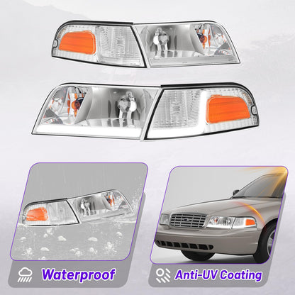XGWZ Headlight Assembly LED DRL Compatible with 1998-2011 Ford Crown Victoria 98-11 Ford Crown Victoria w/Corner Headlamp (Chrome Housing Reflector, C)