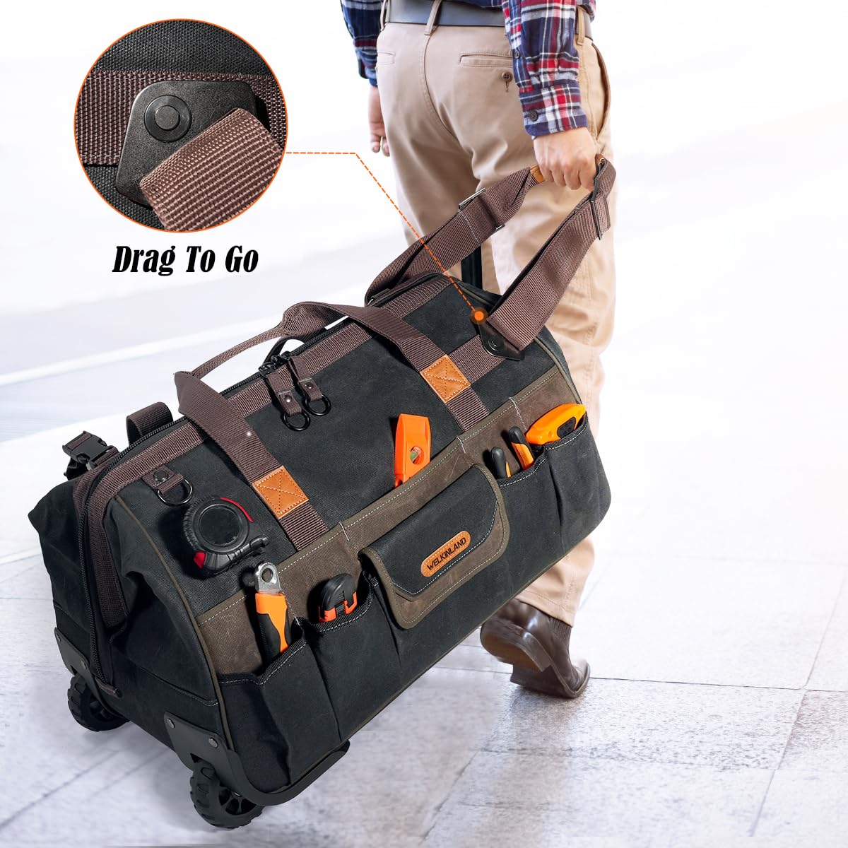 WELKINLAND 48Pockets Tool Bags With Wheels, 22Inch Rolling Tool Bag, Waxed Canvas Tools Bag Rolling Heavy Duty, Large Roll Tote For HVAC, Technician Rolling Tool Bag, Rolling Electrical Tools Bag