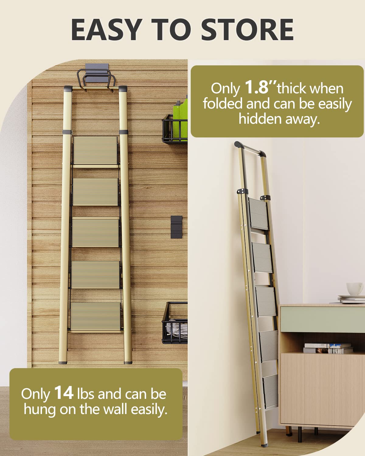 WOA WOA 5 Step Ladder, Ladders for Home, Anti-Slip Pedals, Aluminum Step Stool Foldable, Lightweight to Move, Ease of Storage, Reach 10ft for Closet Kitchen Library, Hold 300lbs - Gold