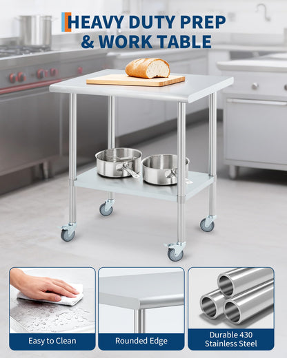 Garvee Stainless Steel Prep Table 24x30 Inch, Commercial Kitchen Worktable with 4 Caster Wheels and Adjustable Undershelf, Heavy Duty Metal Food Prep Table for Restaurant Garage Outdoor Works