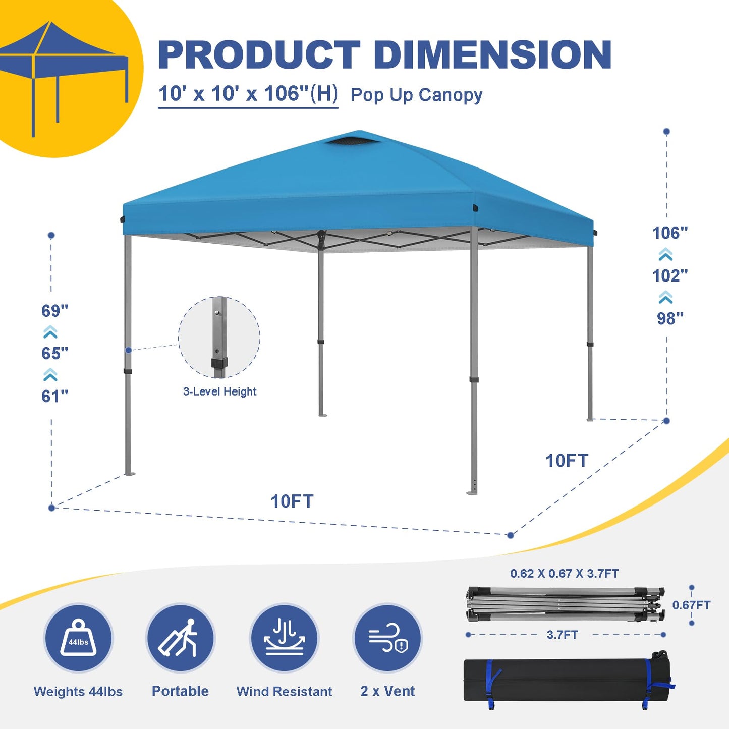 Explore Land 10x10 Pop Up Canopy with One Push Setup Heavy Duty Outdoor Sun Shade Tent for Beach,Camping,Events,Parties(Blue)
