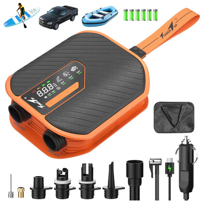 TowerTop Electric Paddle Board Pump: 10500mAh Rechargeable Car/SUP Pump, 50PSI Paddleboard Pump, 12V DC Dual Stage (Inflation & Deflation) with 8 Nozzles for Paddle Boards, Inflatables, Kayaks, Car