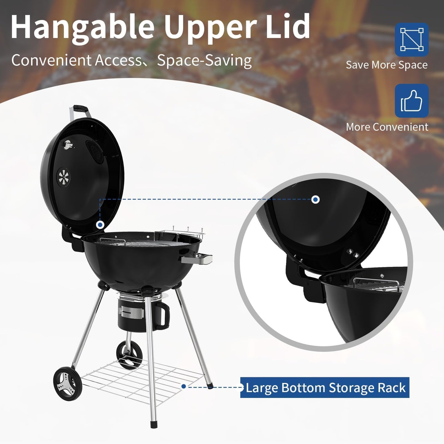 22.5-Inch Portable Charcoal Grill, Heavy Duty Kettle BBQ Smoker with Built-in Thermometer & Removable Water-Rinsable Ash Catcher for Outdoor Camping, Patio, Backyard, and Tailgating