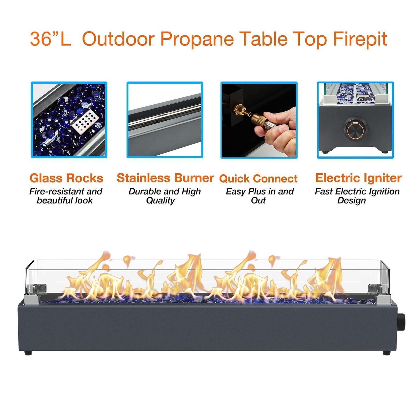 36-inch Table Top Propane Fire Pit, 40,000 BTU Tabletop Firepit for Patio, Outdoor Portable Rectangular Fire Bowl w/Wind Glass Shield, Glass Rocks - Carbon Gray
