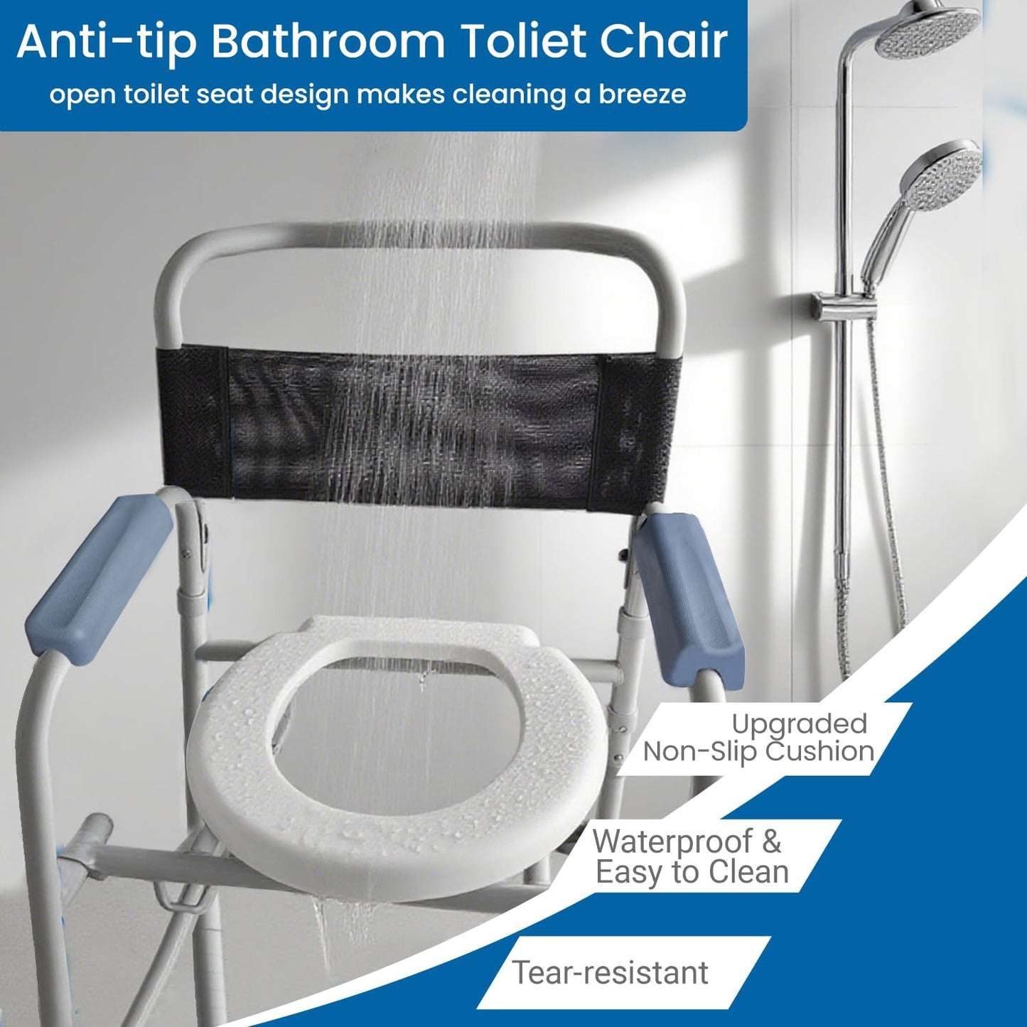 Aliseniors 3-in-1 Shower Chair with Wheels, Portable Bedside Commode & Toilet Safety Rail, Rust-Proof Rolling Commode for Elderly & Disabled, Fits Narrow Bathroom Doors, Waterproof, 250 lbs Capacity