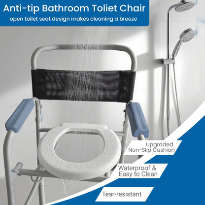 Aliseniors 3-in-1 Shower Chair with Wheels, Portable Bedside Commode & Toilet Safety Rail, Rust-Proof Rolling Commode for Elderly & Disabled, Fits Narrow Bathroom Doors, Waterproof, 250 lbs Capacity