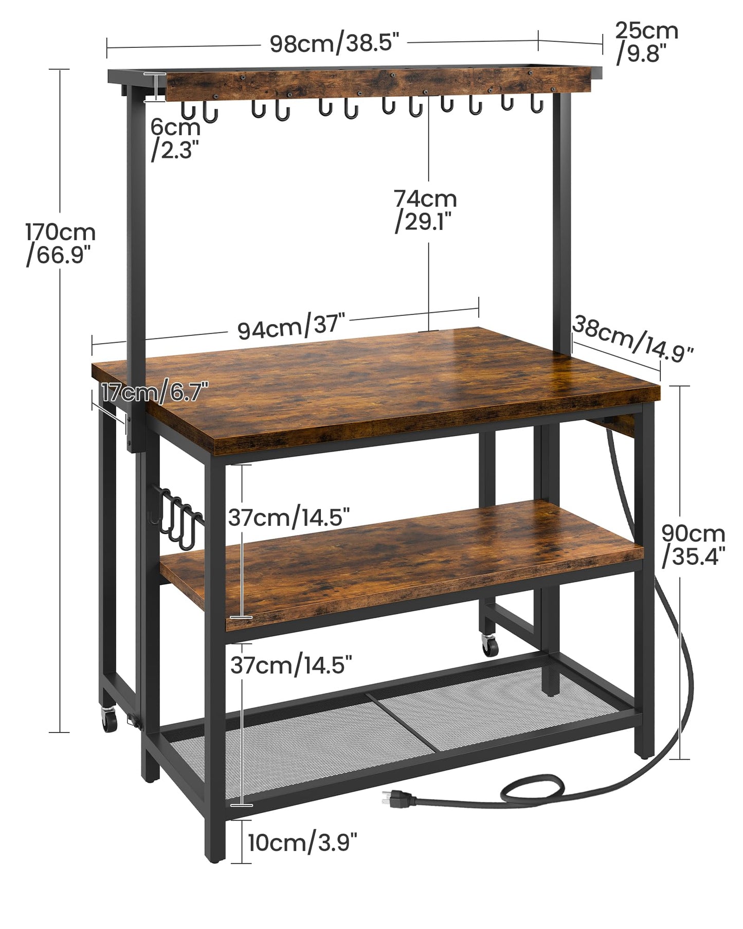 CHOEZON Kitchen Island with Power Outlet, Kitchen Island Table with Folding Top, Stationary Storage Islands, Coffee Bar with Outlets and USB Ports, for Dining Room, Rustic Brown and Black TZD01UBF