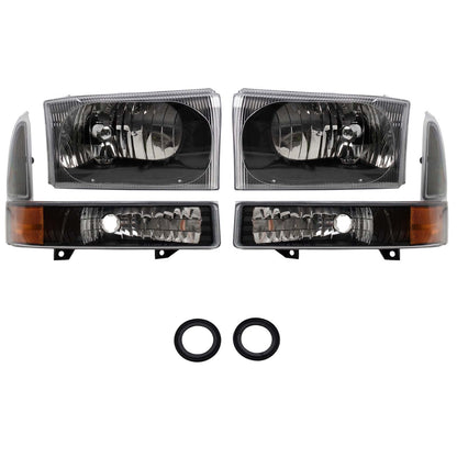 TRQ 2 Piece Headlight Assembly Set Performance Halogen Black Bezel Driver & Passenger Side Compatible with Ford Excursion 2000-2004 F250 F350 1999-2004 F450 F550 1999-2003