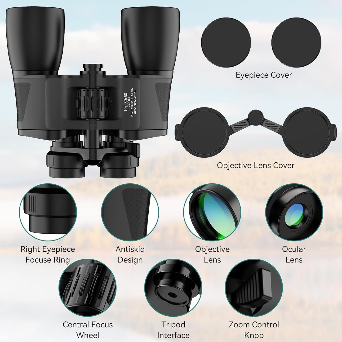MLight 10-30X50 Zoom Binoculars for Adults, High Powered Military Binoculars for Bird Watching, Hunting, Outdoor, Hiking, Concerts Large View, Waterproof, BK7 Prism, FMC Lens, Low Light Night Vision