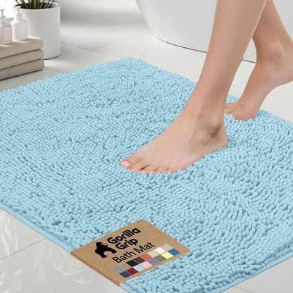 GORILLA GRIP Bath Rug Mat - Thick Soft Absorbent Chenille | Quick-Dry Microfiber, 24x17, Sky Blue