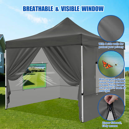 Yesker 10x10 Pop Up Canopy Tent with 4 Sidewalls Portable Folding Outdoor Canopy Easy Setup Gazebo Waterproof Instant Popup Shelter Tent w Wheeled Carry Bag sandbags for Events Parties Camping, Gray
