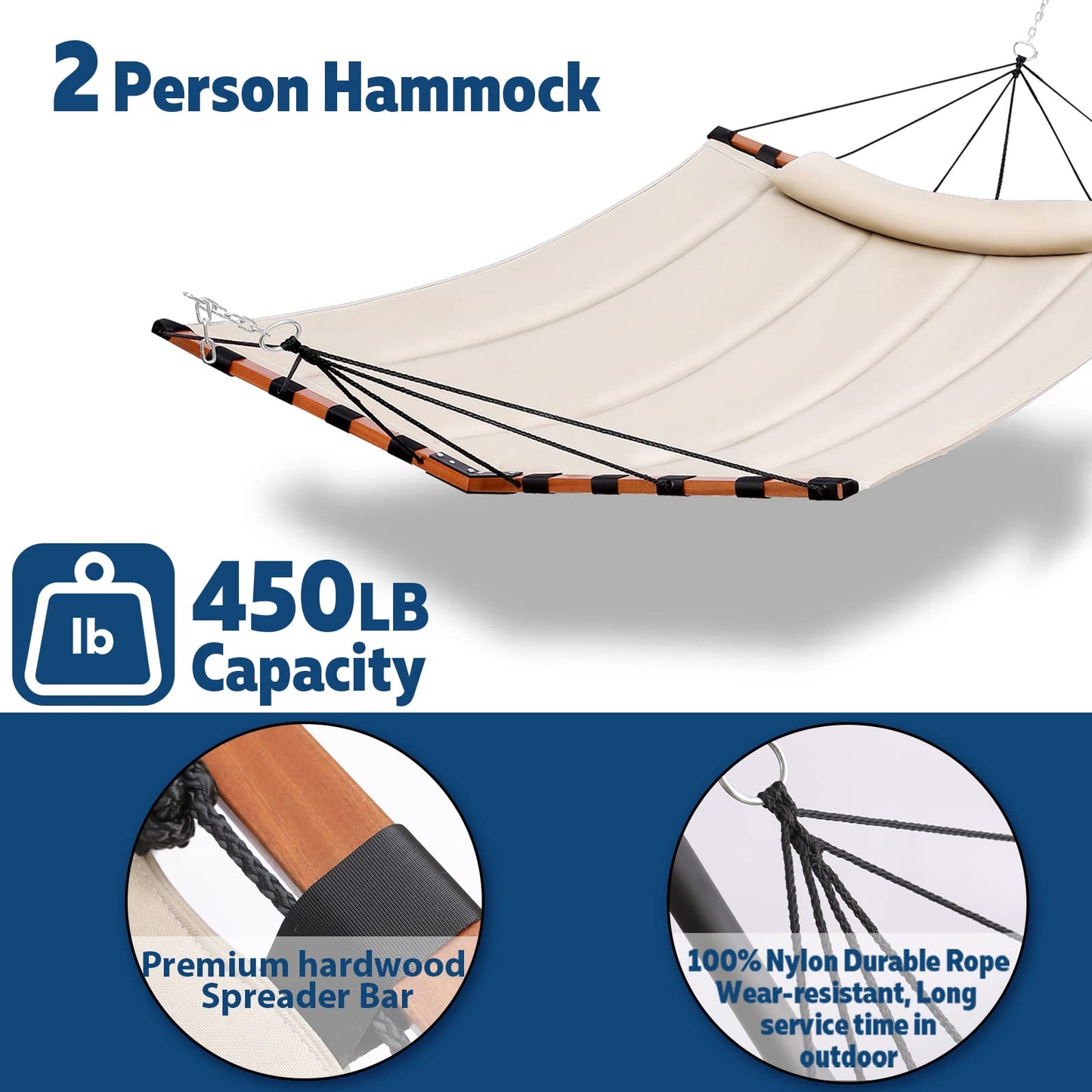 TegerDeger 12FT 2 Person Hammock with V Shaped Hardwood Spreader Bar & Nylon Rope for Outside, Patio, Garden, Backyard, Beach, Poolside, 450LB Capacity, 55in x 79in - Beige
