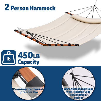 TegerDeger 12FT 2 Person Hammock with V Shaped Hardwood Spreader Bar & Nylon Rope for Outside, Patio, Garden, Backyard, Beach, Poolside, 450LB Capacity, 55in x 79in - Beige
