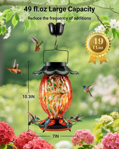 HouseSapp Solar Hummingbird Feeder - 49 Fl. Oz Color Changing Hand Blown Glass - 7 Feeding Ports & Perch