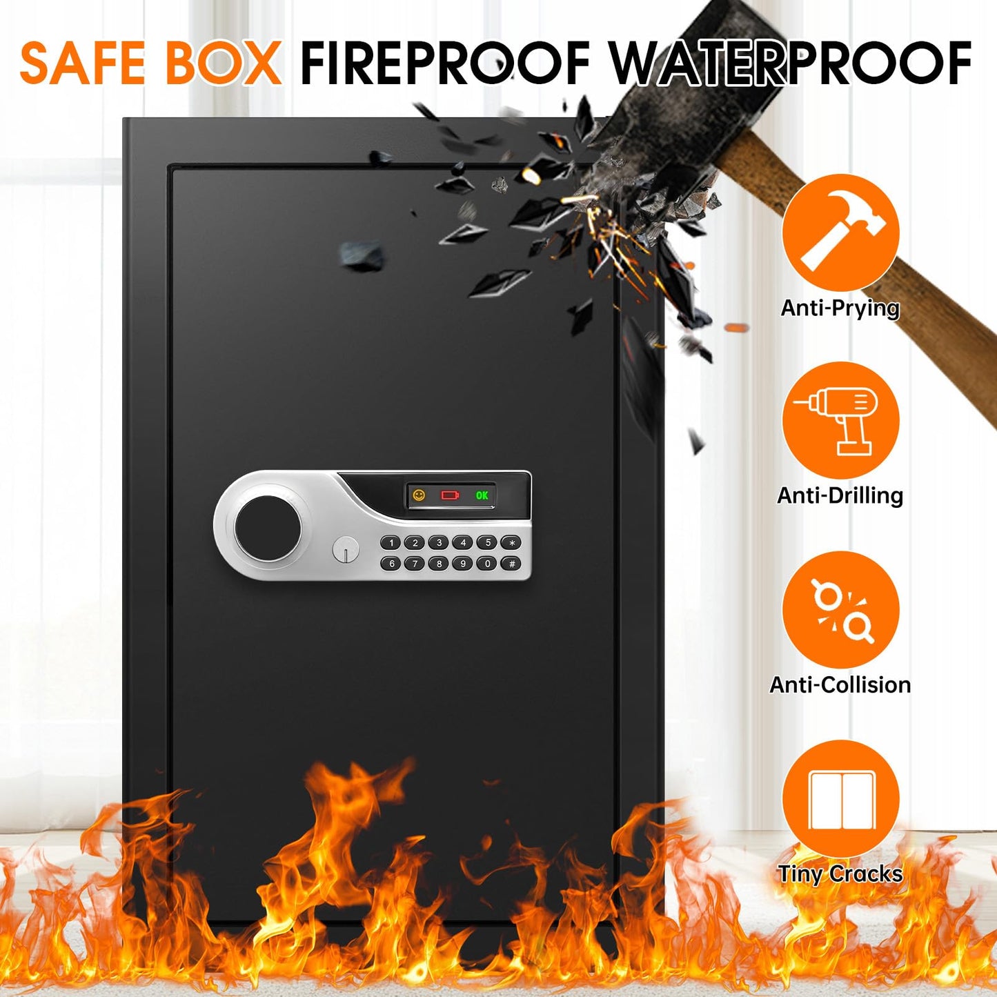 5.2 Cuft Large Fire Safes for Home, Security Safe Box Fireproof Waterproof with Digital Keypad, Key Lock and 3 Removable Shelves, Anti-Theft Fireproof Safe for Document Money Valuables