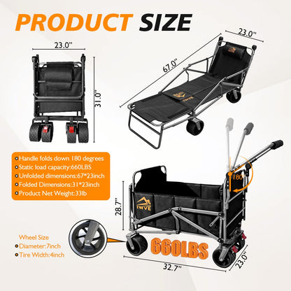 IWVE Heavy Duty Folding Wagon Cart 660 lb Capacity, 3-in-1 Collapsible Utility Wagon with Adjustable Handle and All-Terrain Wheels for Camping, Beach, Grocery, Outdoor Use