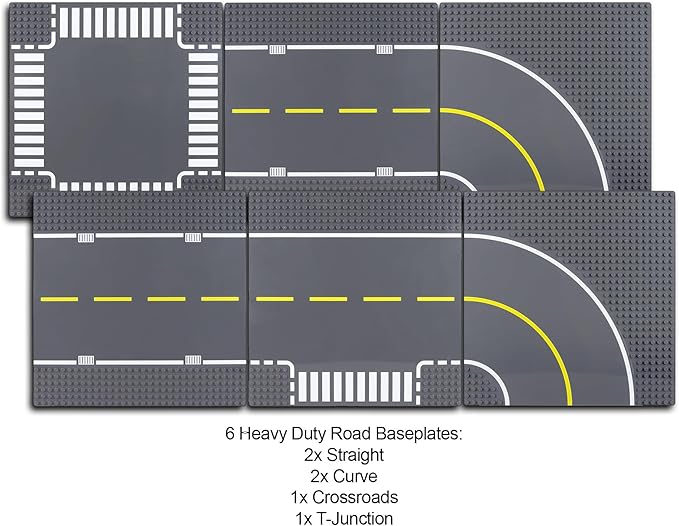 Apostrophe Games Road Baseplate – Premium Building Blocks Base Plates Compatible with All Major Brands – 6pcs Baseplate Gray with Road Design – Straight Curve Crossroad T-Junction