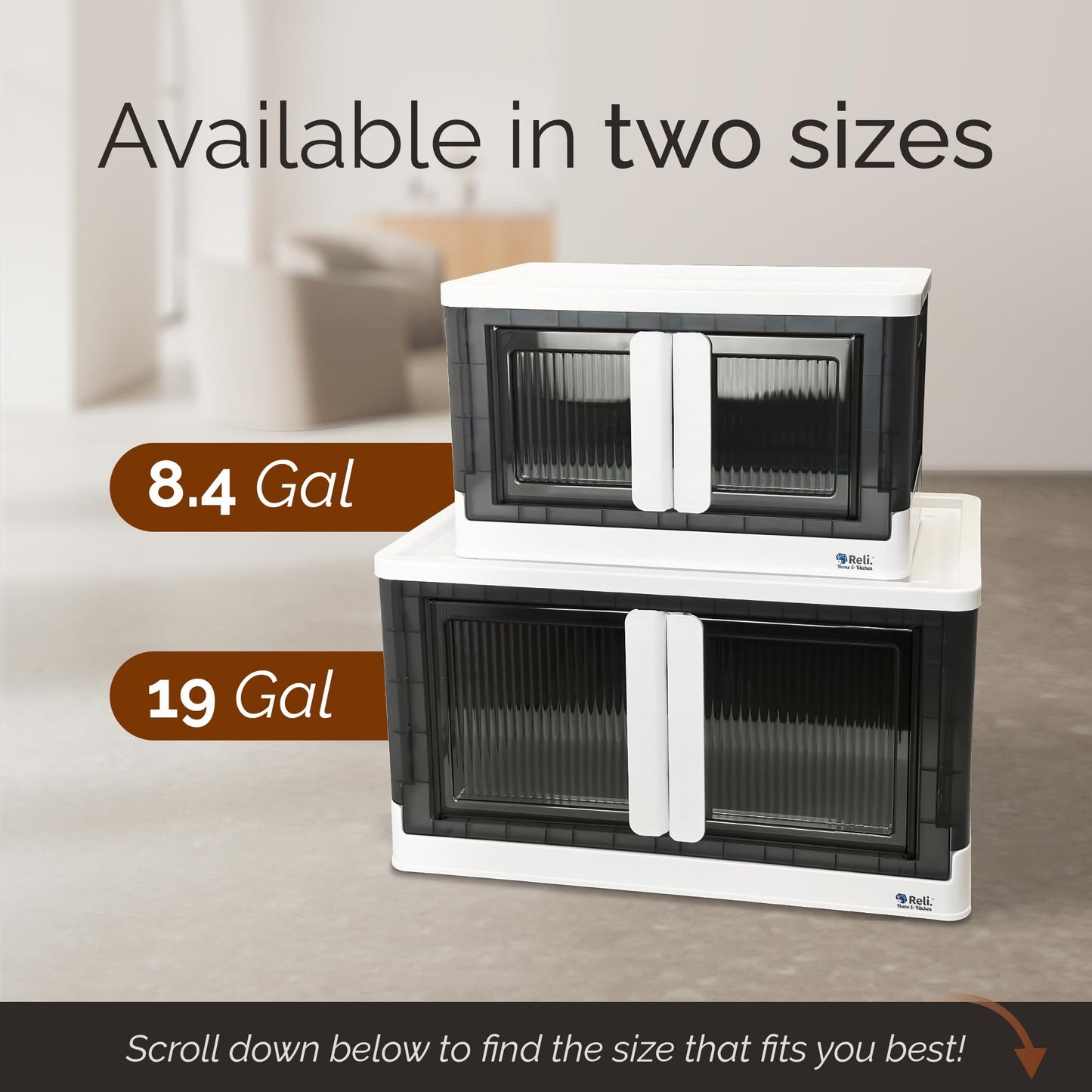 Reli. Storage Bins with Lids and Doors (3 Pack) | 19 Gallon Collapsible Storage Bins with Lids | Collapsible Stackable Plastic Cabinet with Built-in Wheels | Heavy Duty Closet Organizers