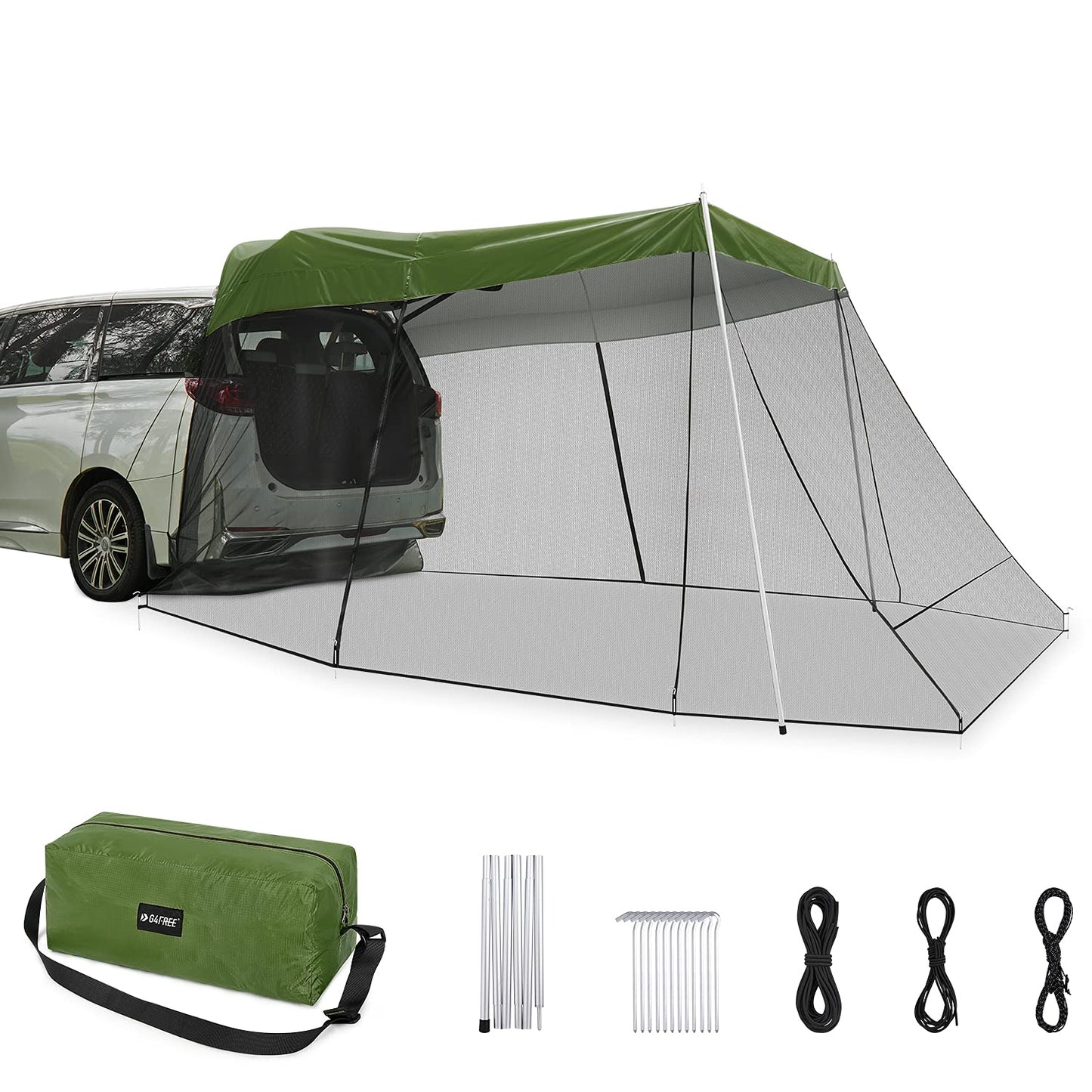 G4Free Car Awning Sun Shelter with Mosquito Net, Portable SUV Tent Tailgate Shade Canopy for Outdoor Camping Travel (Army Green)