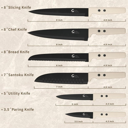CuCut 12-Piece Kitchen Knife Set, Nonstick Coating Chef Knives Set with 6 Blade Guards, Double Rivets, Dishwasher Safe, High Carbon Stainless Steel Blades for Cooking, Cutting, Chopping