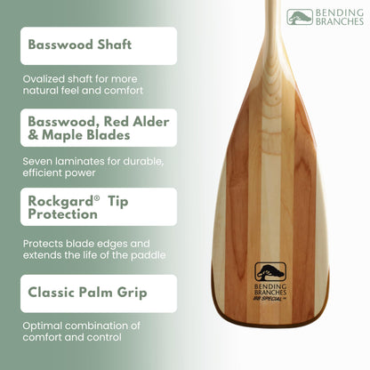 BENDING BRANCHES BB Special Wood Canoe Paddle – 18-Laminate Basswood Shaft, Hardwood Blade with Rockgard® Tip, Bent Shaft Design for Recreational Rivers & Lakes