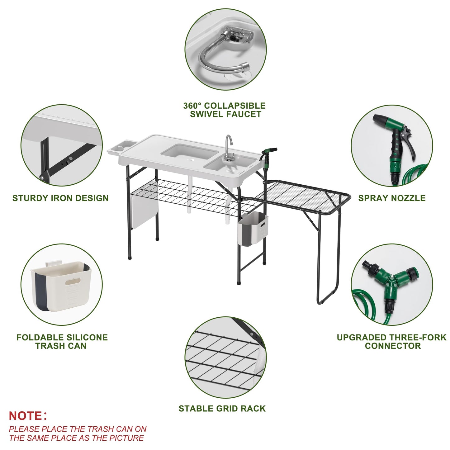 Dragosum Fish Cleaning Table, Portable Folding Camping Table with Folding Grill Extension Board, Fish Cleaning Station with Dual Sinks, Hose Hook Up