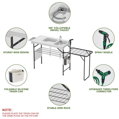 Dragosum Fish Cleaning Table, Portable Folding Camping Table with Folding Grill Extension Board, Fish Cleaning Station with Dual Sinks, Hose Hook Up