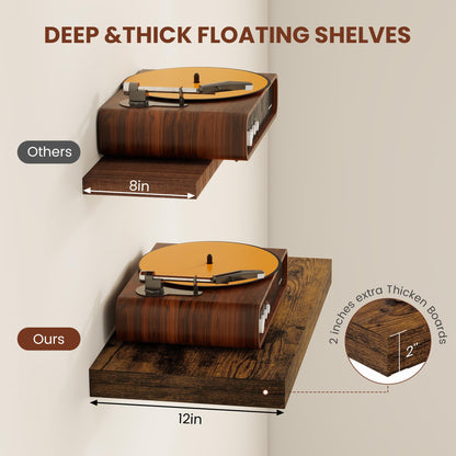 Vivelove 12" Deep Floating Shelves for Wall 36" Long, Wall Shelves for Bedroom Living Room Bathroom Kitchen Laundry Room, Farmhouse Rustic Shelves for Home Decor, 36" X 12" X 2" Set Of 2, Rustic Brown