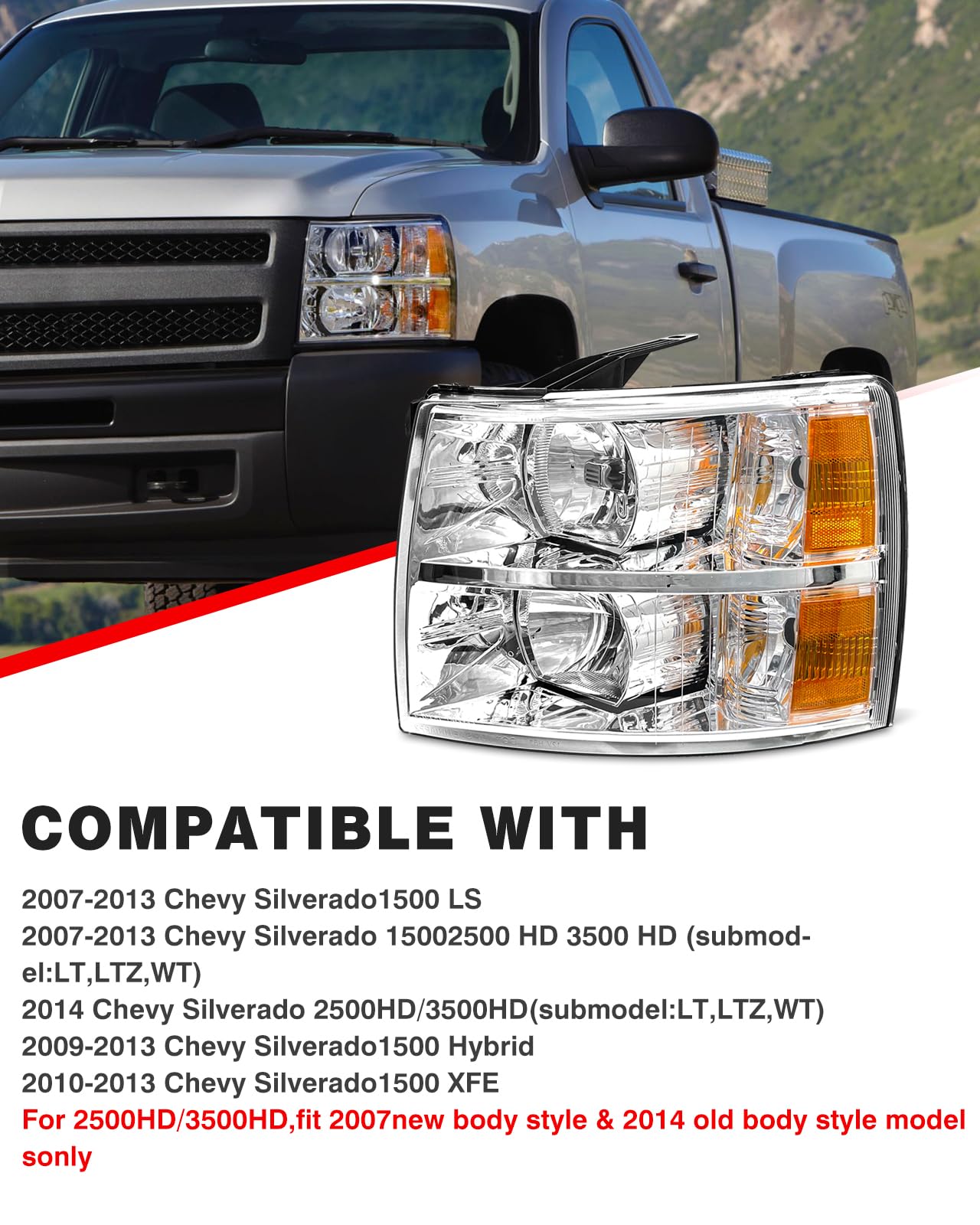 ADCARLIGHTS Headlight Assembly for 07-13 Chevy Silverado 1500/07-14 2500HD 3500HD OE Fit IP65 Waterproof 200% Brighter Halogen Headlamp Left+Right Chrome Clear（W/O Bulbs）