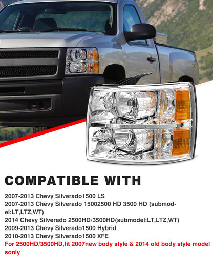 ADCARLIGHTS Headlight Assembly for 07-13 Chevy Silverado 1500/07-14 2500HD 3500HD OE Fit IP65 Waterproof 200% Brighter Halogen Headlamp Left+Right Chrome Clear（W/O Bulbs）