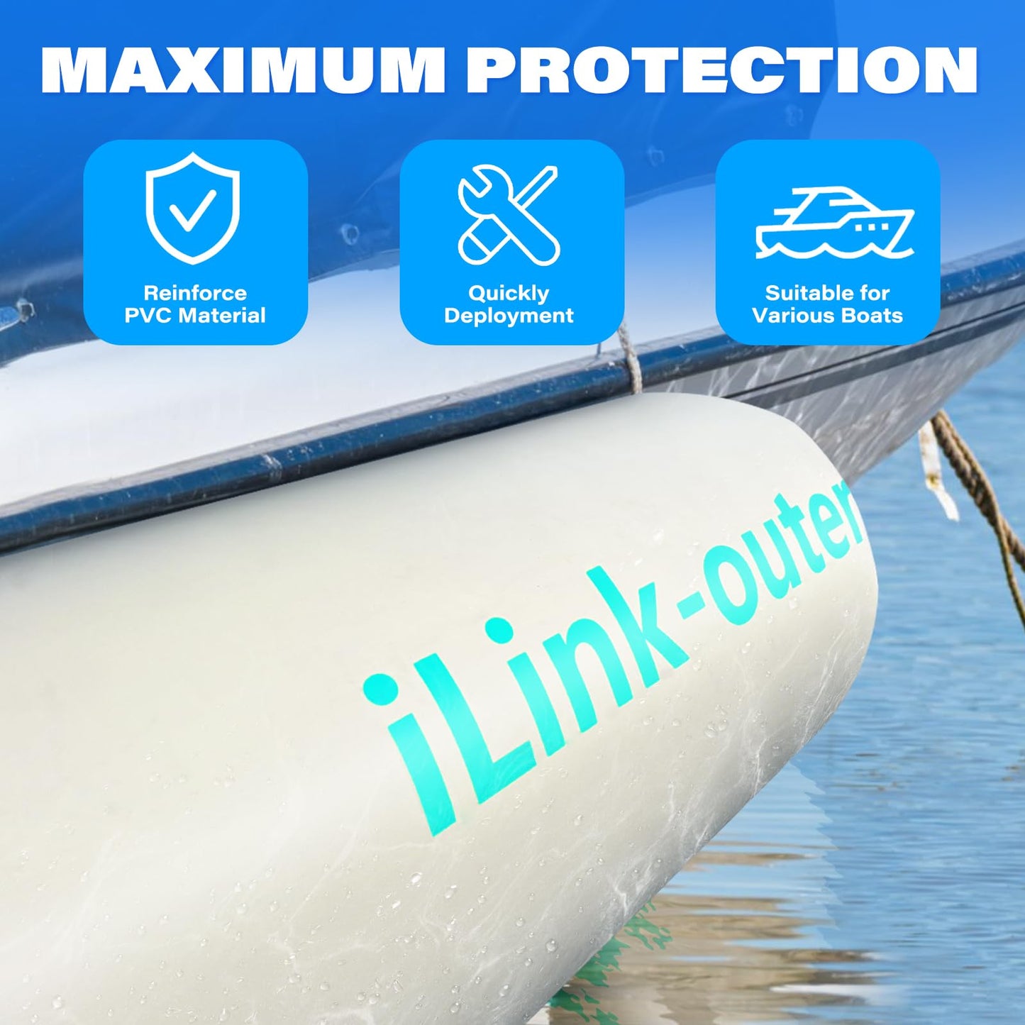 iLink-outer Inflatable Boat Fenders with Air Pump, Upgraded Boat Bumpers for Docking, 10FT Heavy Duty Dock Fender with Storage Bag, Dock Bumper for Tying up Fishing Boats, Jet Skis, Yachts, Pontoon