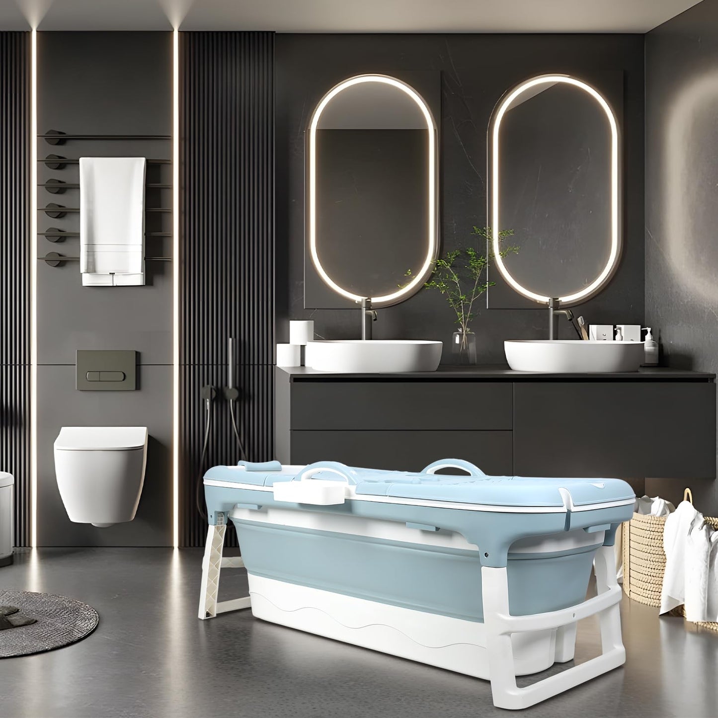 50" Foldable Bathtub for Adults, Large Portable Bath tub with Storage Basket, 1.3 Meter Foldable Bathtub with Thermal Cover for Indoor/Outdoor Use (Blue-50in)