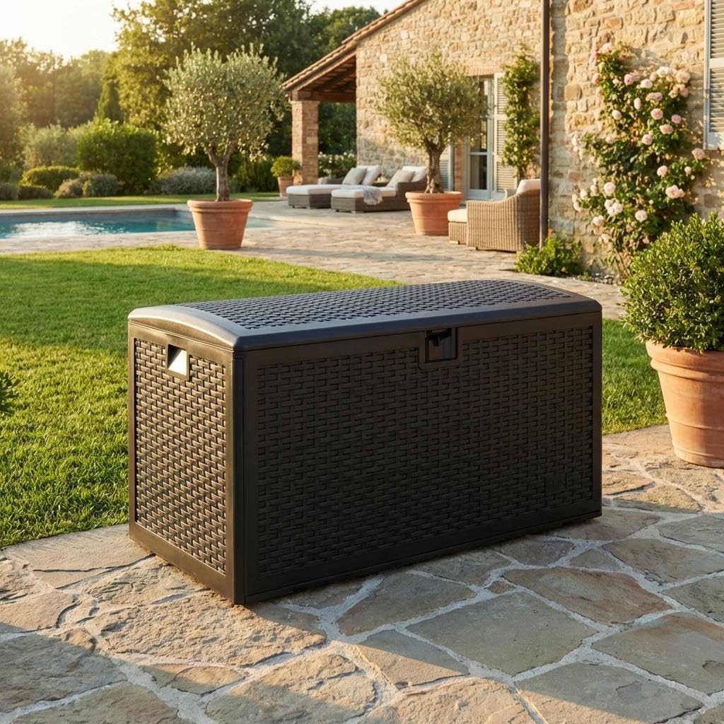 73 Gallon Waterproof Large Resin Deck Box Indoor Outdoor, Lockable Storage Container for Patio Furniture Cushions, Throw Pillows, Garden Tools, and Pool Floats, Black