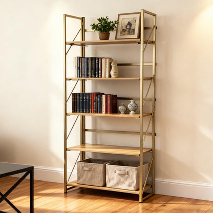 Kogven Folding Bookshelf, 2-in-1 Convertible Design, Multifunctional Plant Stand Storage Rack Shelves for Home Office, Easy Assembly, 5-Tier,Gold & Nature Wood