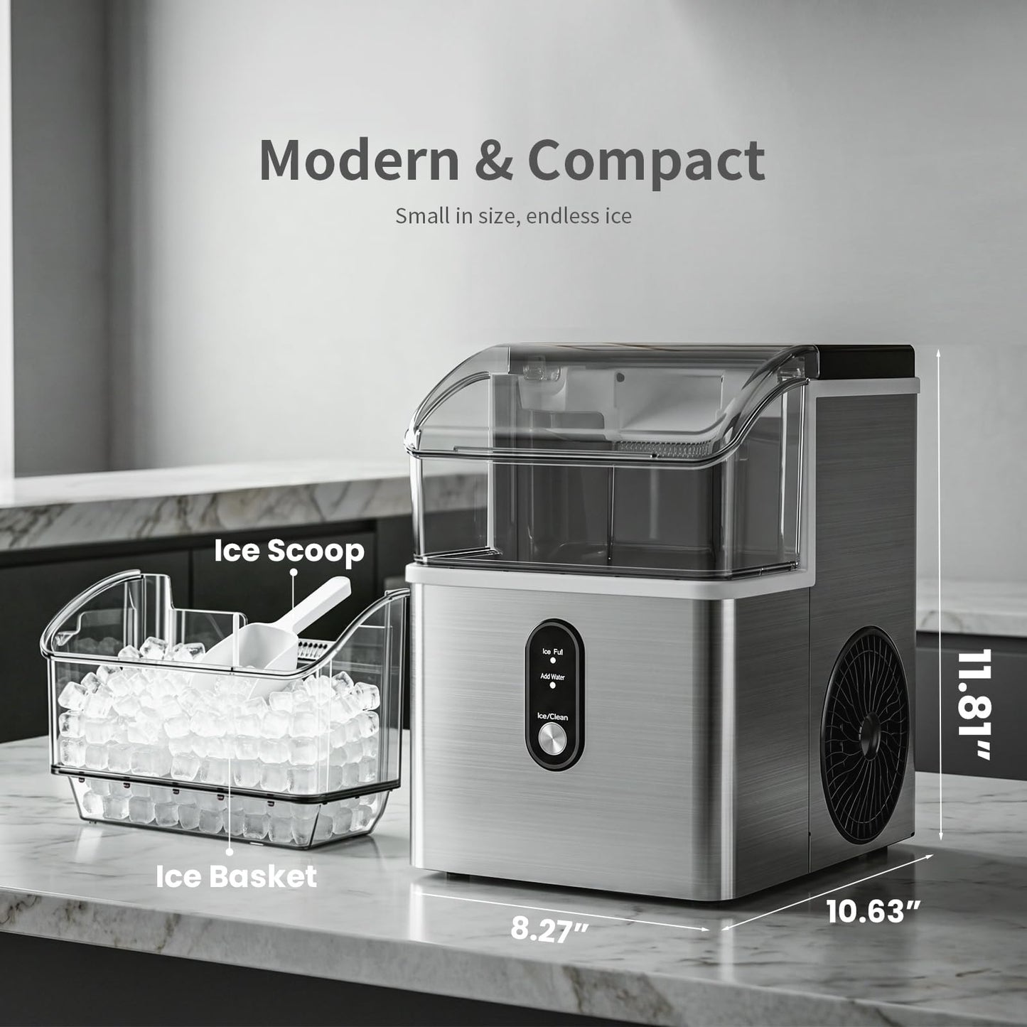 Kismile Nugget Ice Maker Countertop,33Lbs/24H Ice Machine with Chewable Ice,Self-Cleaning Portable Ice Maker with One-Click Operation,for Home/Kitchen/Office(Silver)