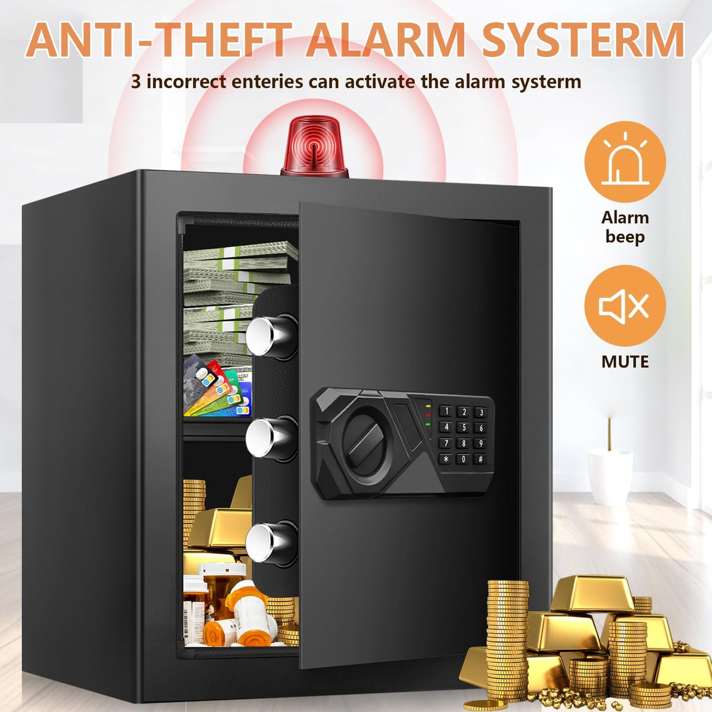 2.0 Cub Large Fireproof Safes for Home Use, Digital Security Safe Box Fireproof Waterproof with Combination Lock and Removable Shelf, Home Fire Safe for Document Money Medicines Valuables