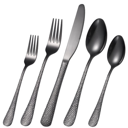 A · HOUSEWARE Black Hammered Silverware Set 8 Stainless Steel Flatware Vintage 40 piece include Knife Fork Spoon Proper Weight for Parties Restaurant Utensils and Kitchen Daily Use