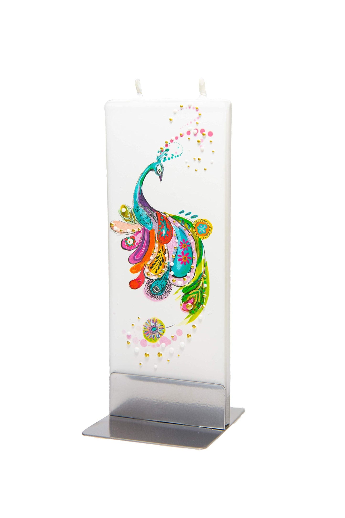 Flatyz Hand Painted Flat Candle| Unscented, Dripless, Smokeless, Decorative | Peacock | Double Wick with Metal Base | Unique Gift Idea and Home Décor Accent