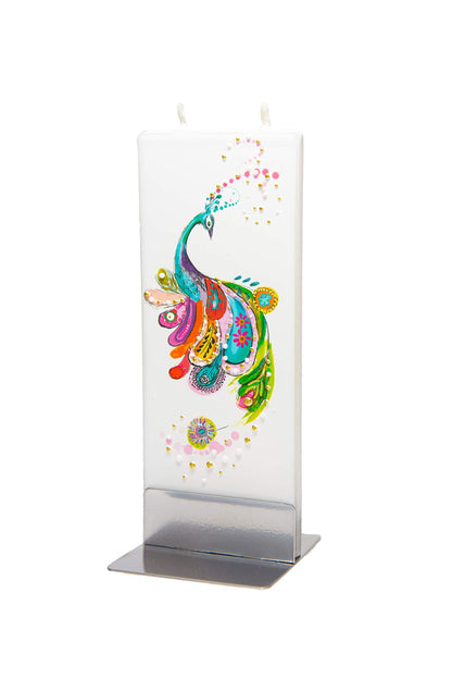 Flatyz Hand Painted Flat Candle| Unscented, Dripless, Smokeless, Decorative | Peacock | Double Wick with Metal Base | Unique Gift Idea and Home Décor Accent
